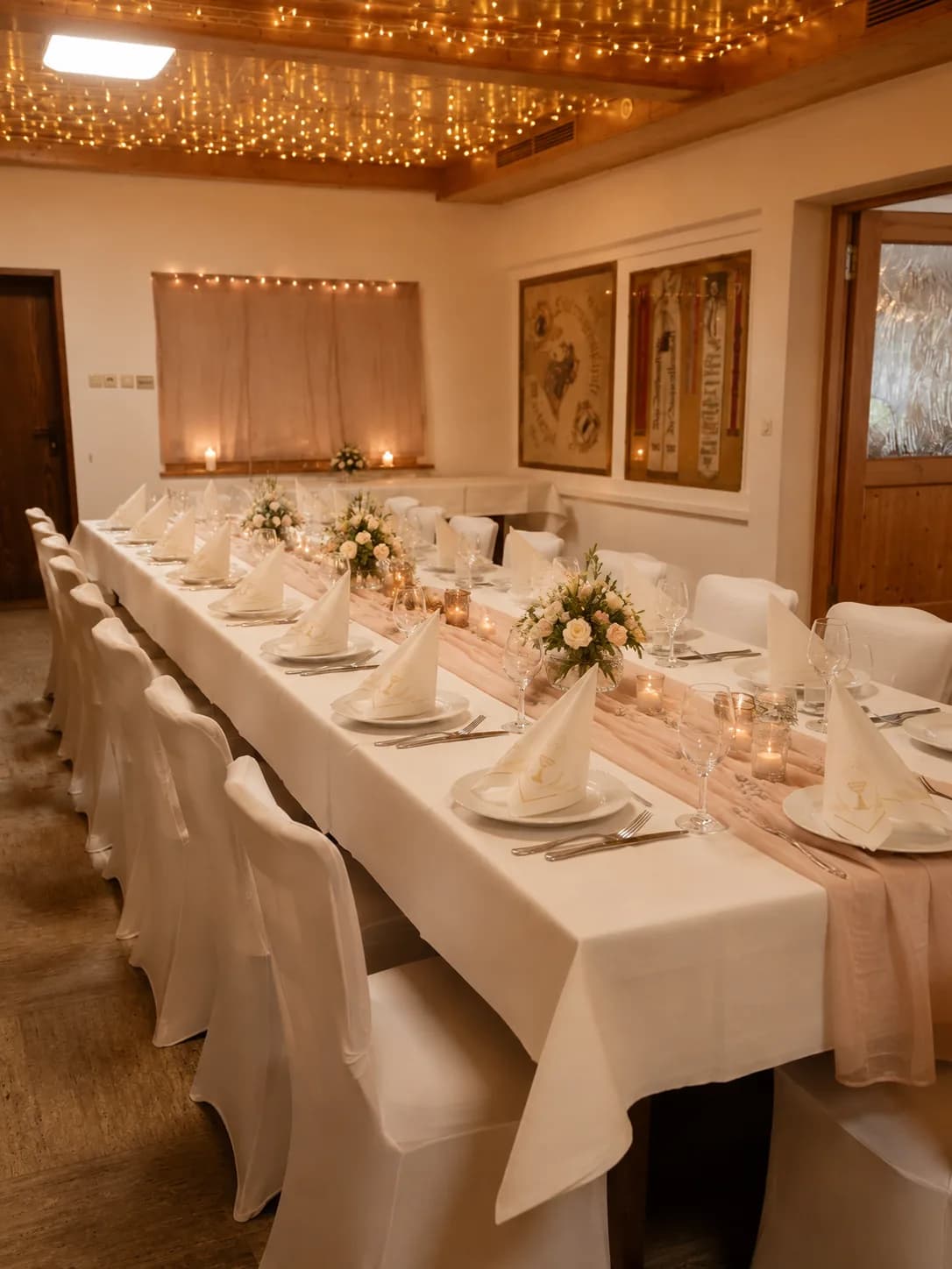 Lange Festtafel mit rosafarbenem Tischläufer, Blumen und Kerzen im Gasthaus